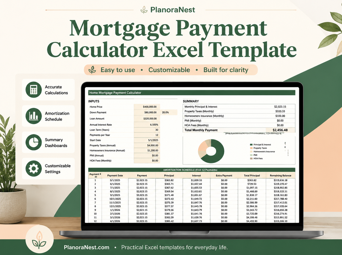 mortgage payment calculator excel template cover screenshot — PlanoraNest Excel template