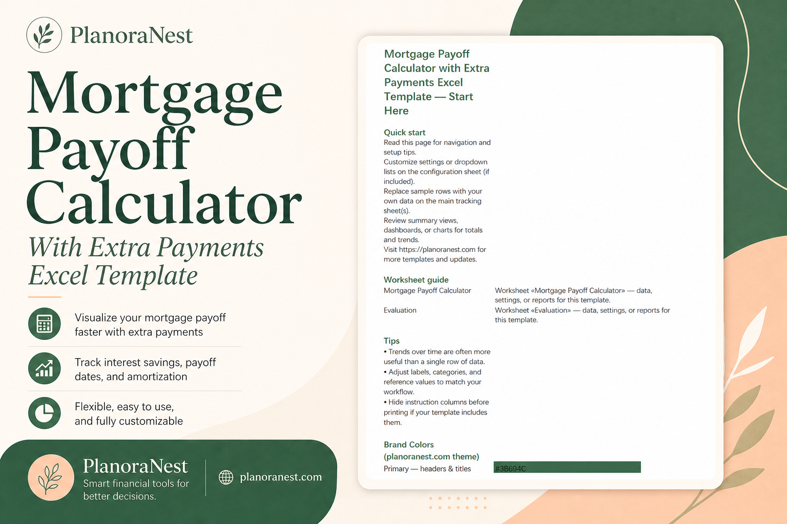 mortgage payoff calculator with extra payments excel template cover screenshot — PlanoraNest Excel template
