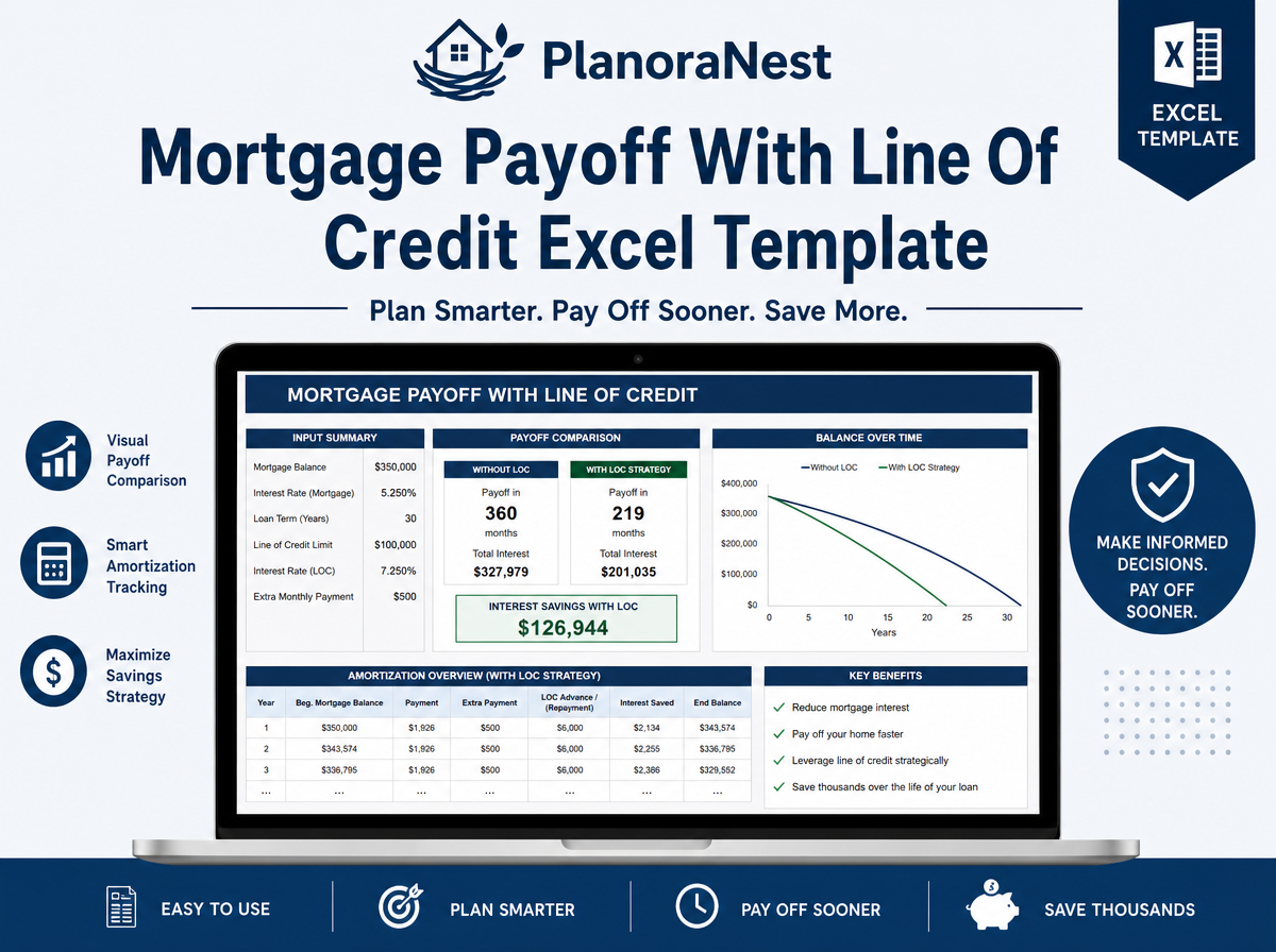 mortgage payoff with line of credit excel template cover screenshot — PlanoraNest Excel template