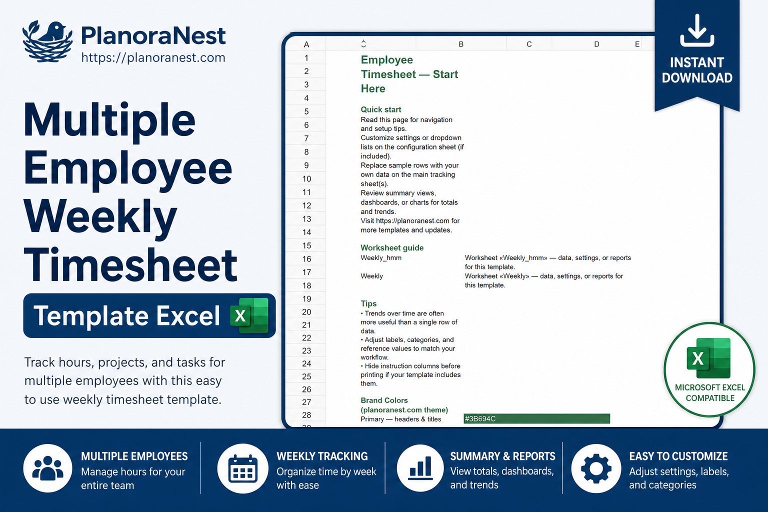 multiple employee weekly timesheet template excel cover screenshot — PlanoraNest Excel template