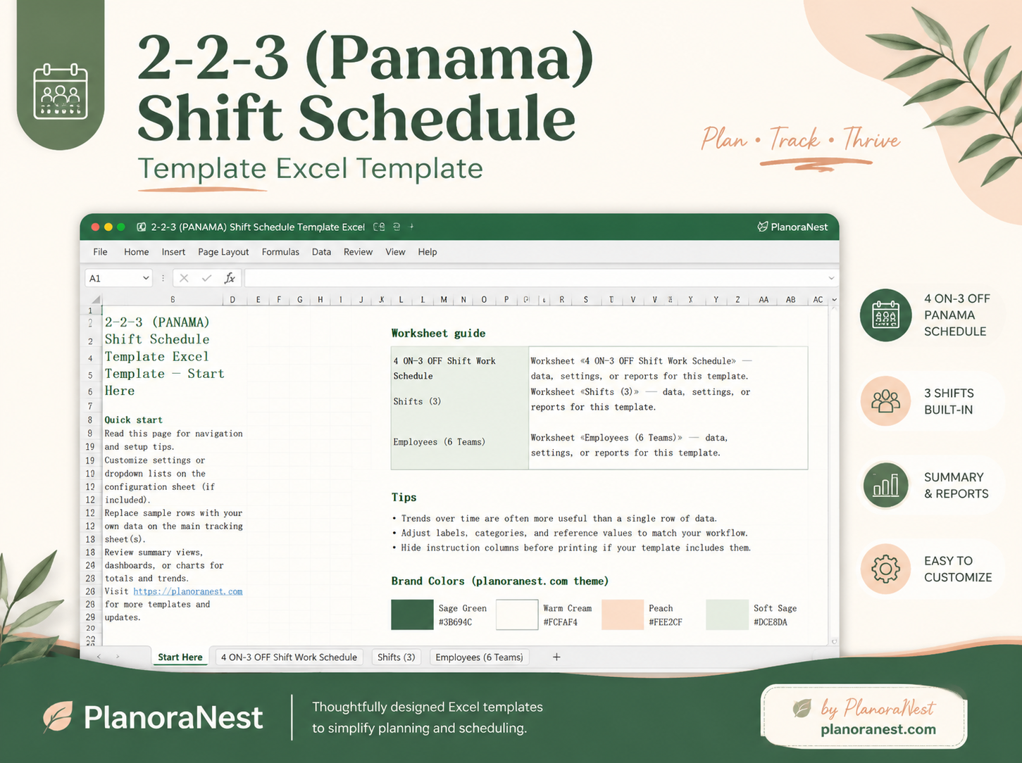 2-2-3 (panama) shift schedule template excel template cover screenshot — PlanoraNest Excel template