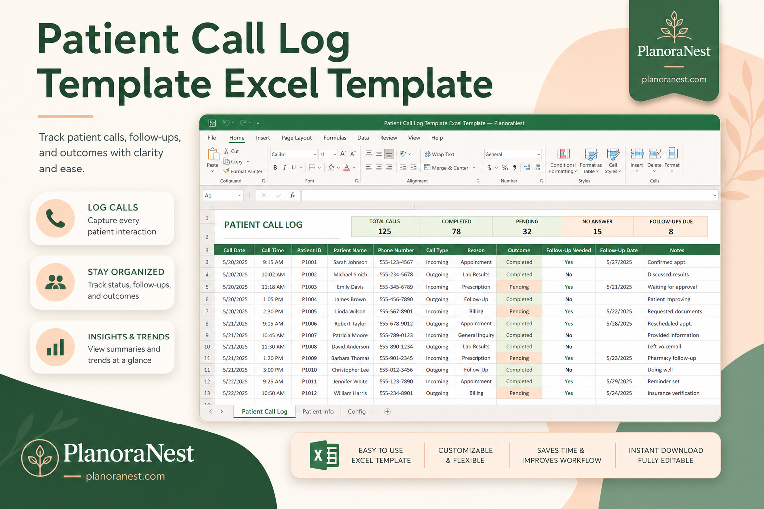 patient call log template excel template cover screenshot — PlanoraNest Excel template