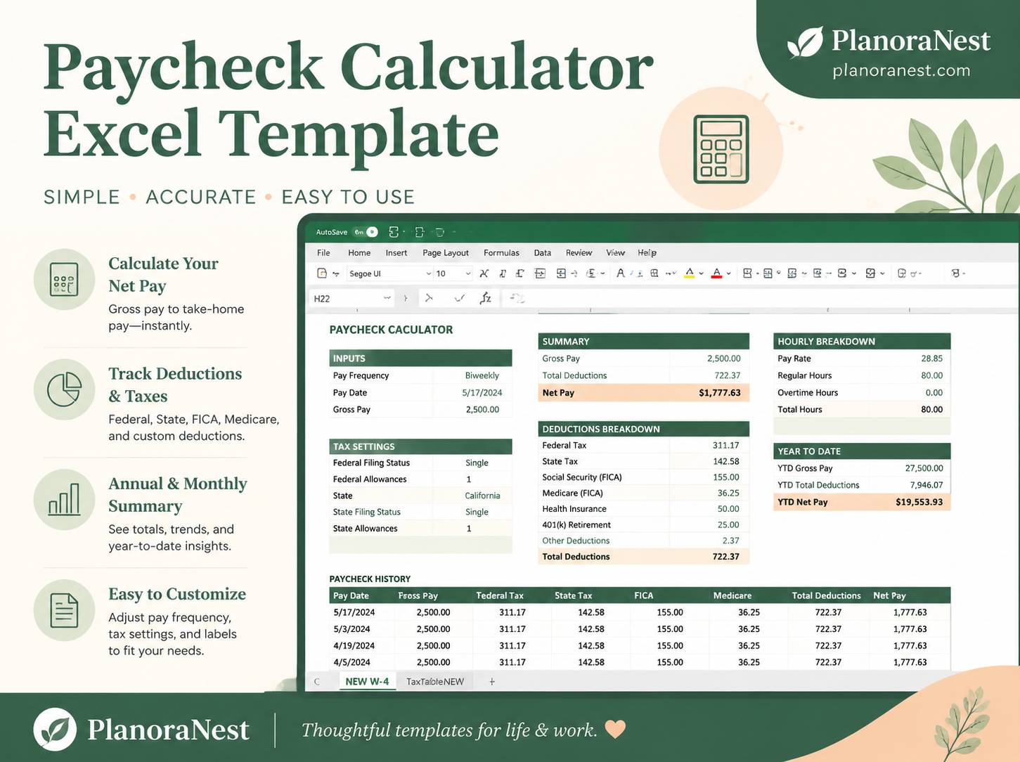 paycheck calculator excel template cover screenshot — PlanoraNest Excel template