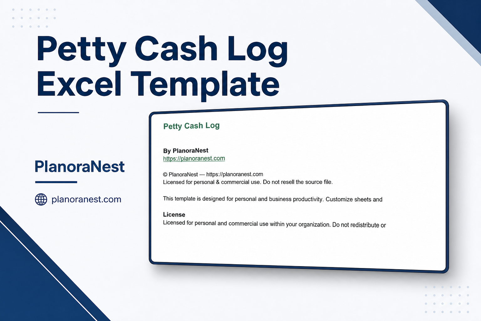 petty cash log excel template cover screenshot — PlanoraNest Excel template