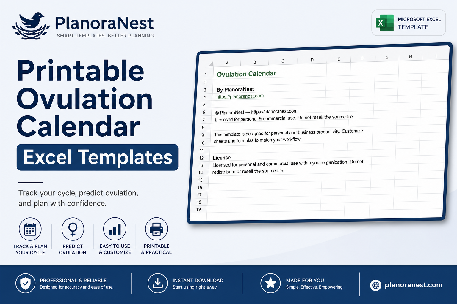 printable ovulation calendar excel templates cover screenshot — PlanoraNest Excel template