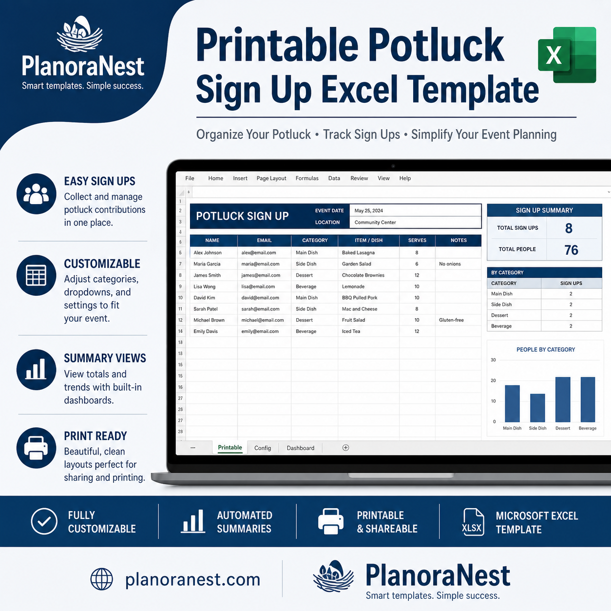 printable potluck sign up excel template cover screenshot — PlanoraNest Excel template