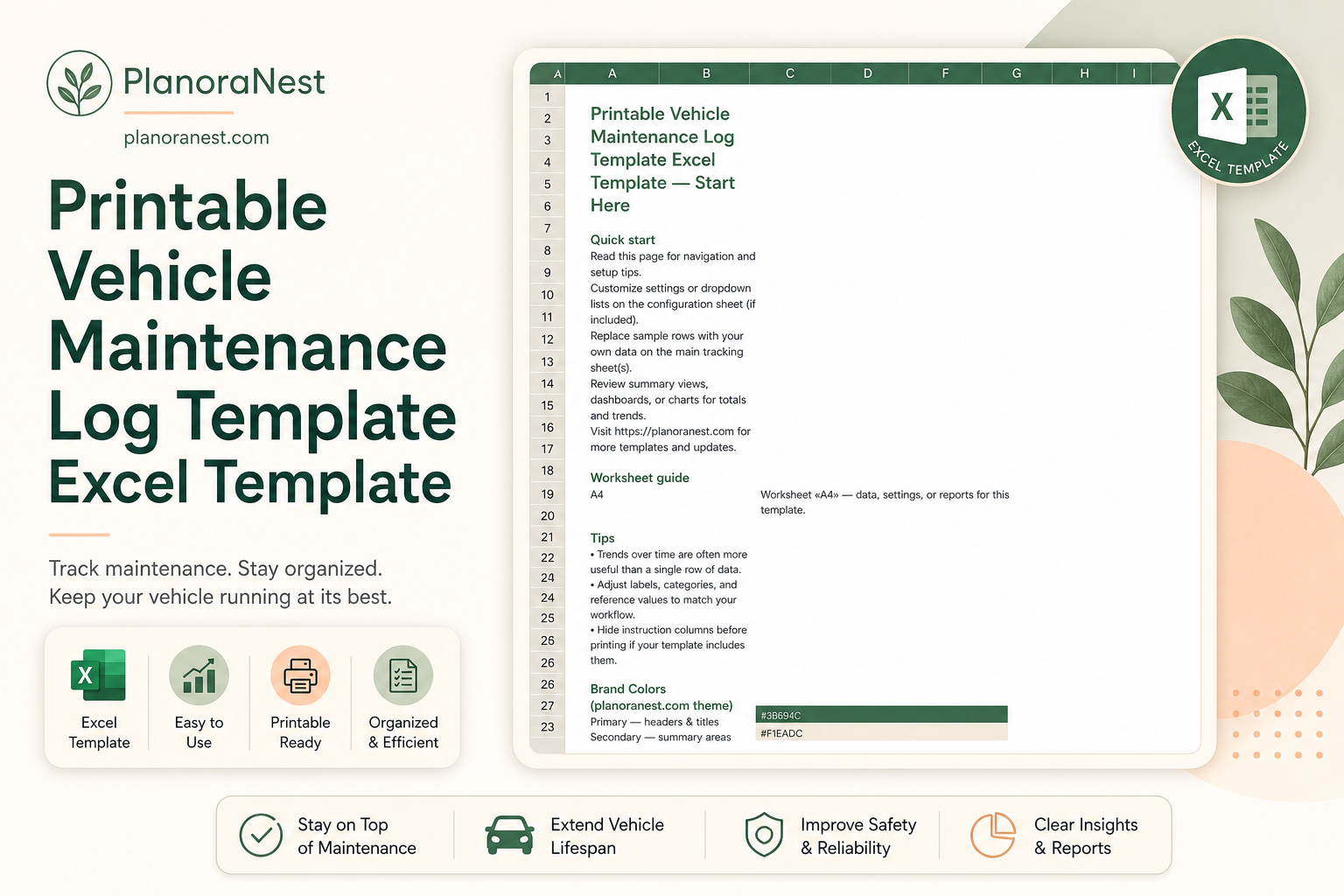 printable vehicle maintenance log template excel template cover screenshot — PlanoraNest Excel template