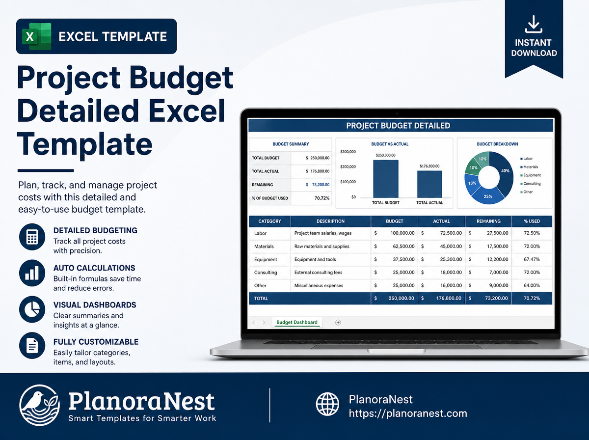 project budget detailed excel template cover screenshot — PlanoraNest Excel template