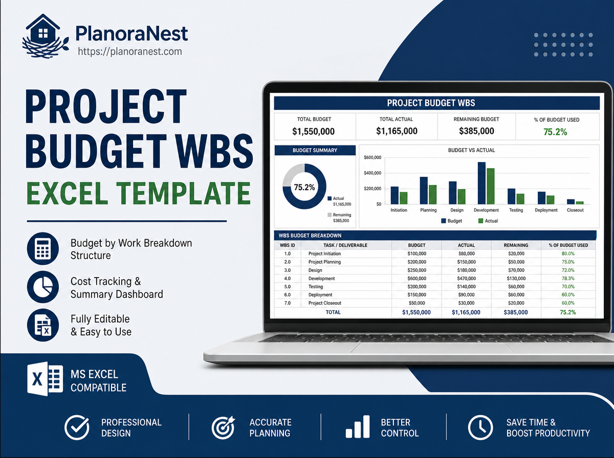 project budget wbs excel template cover screenshot — PlanoraNest Excel template