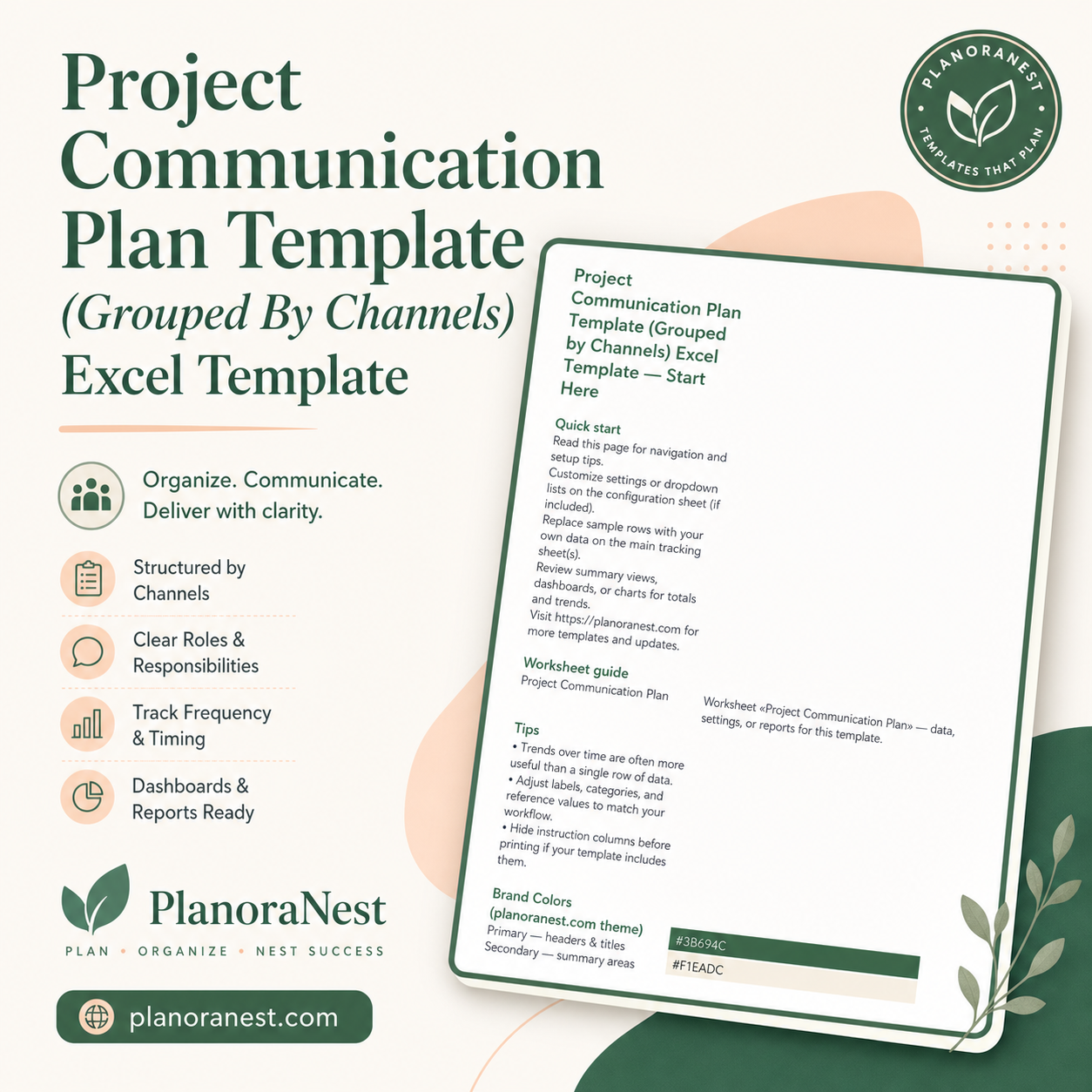 project communication plan template (grouped by channels) excel template cover screenshot — PlanoraNest Excel template
