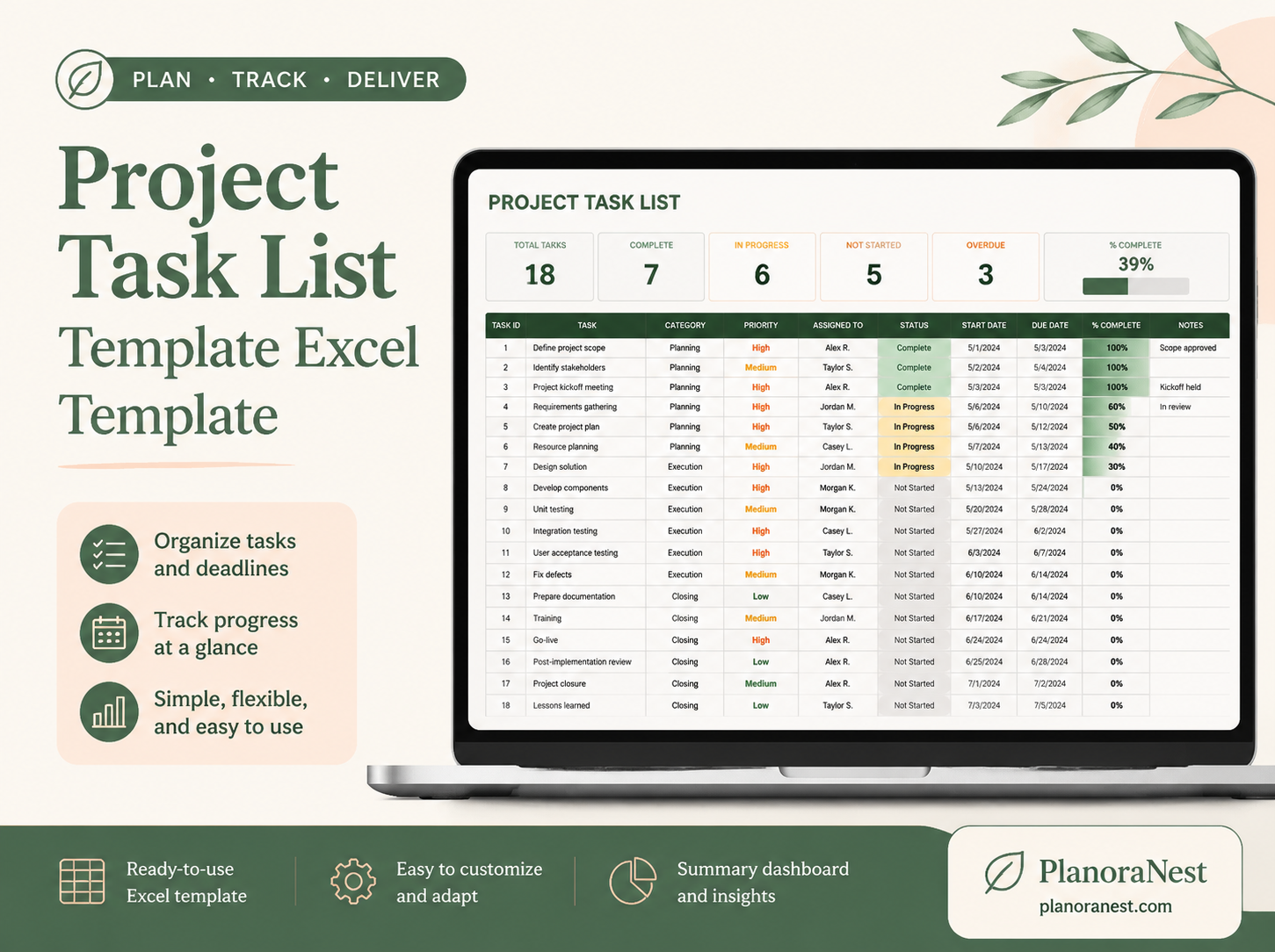 project task list template excel template cover screenshot — PlanoraNest Excel template