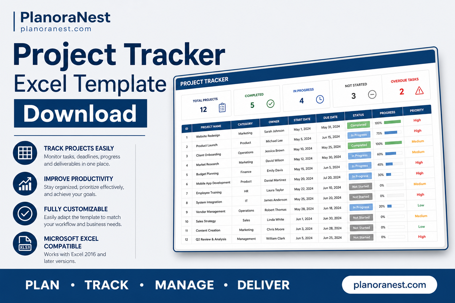 project tracker excel template download cover screenshot — PlanoraNest Excel template