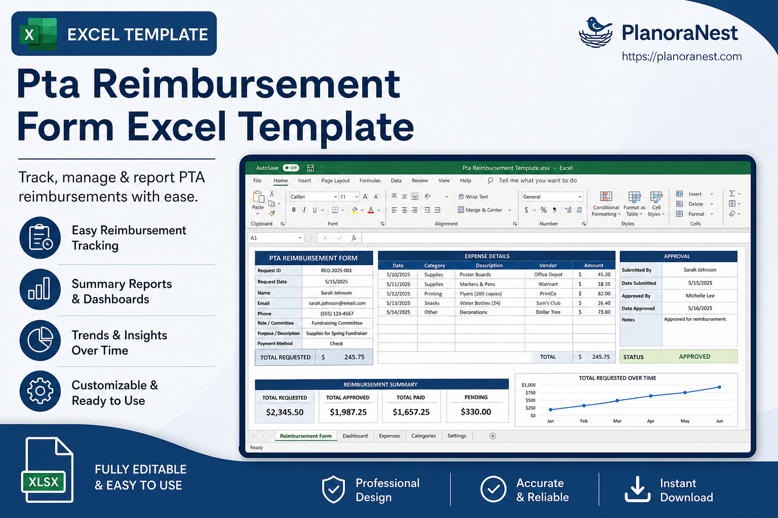 pta reimbursement form excel template cover screenshot — PlanoraNest Excel template
