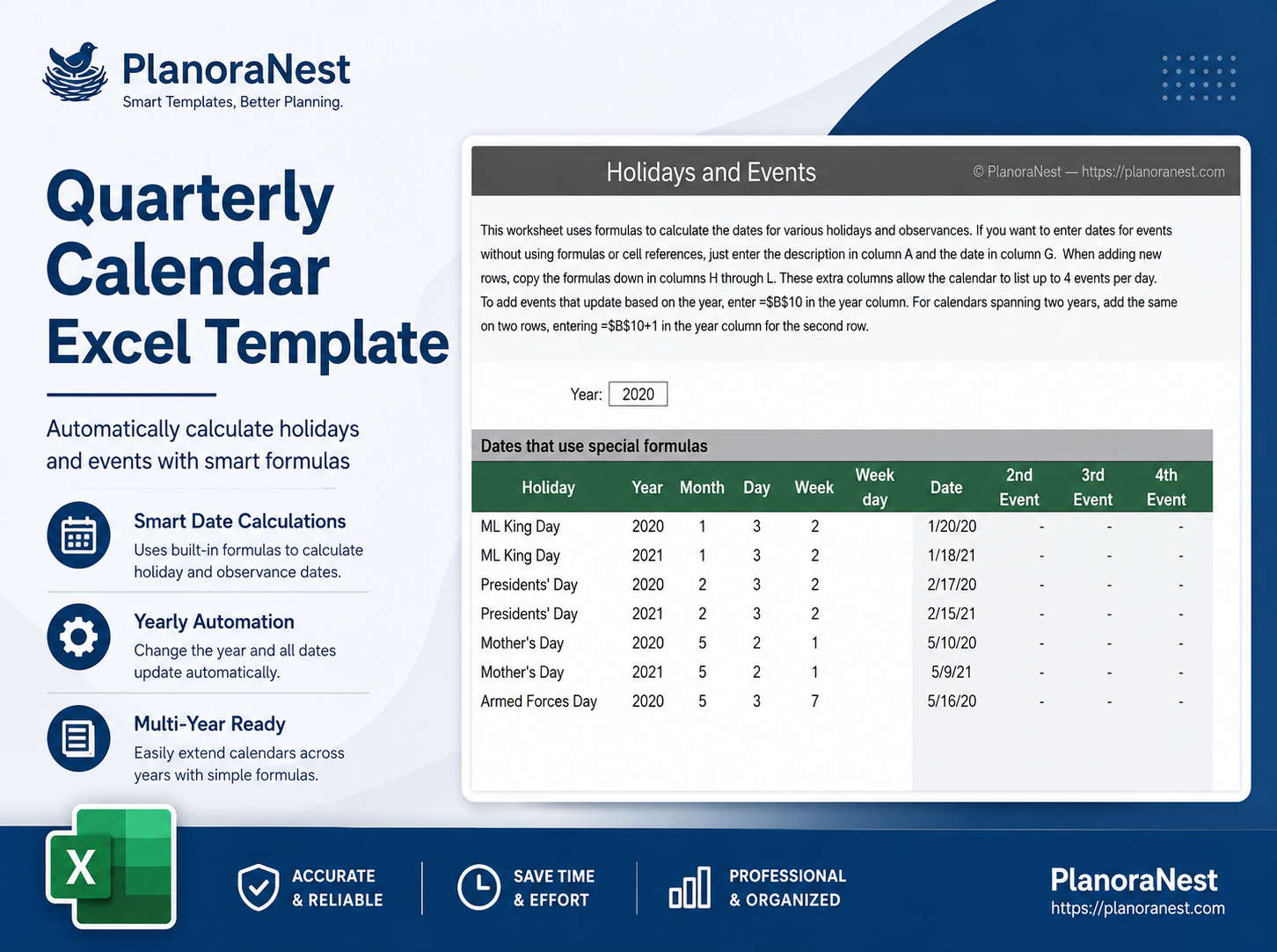 quarterly calendar excel template cover screenshot — PlanoraNest Excel template
