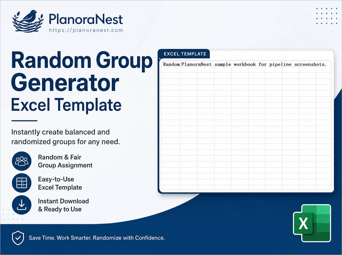 random group generator excel template cover screenshot — PlanoraNest Excel template