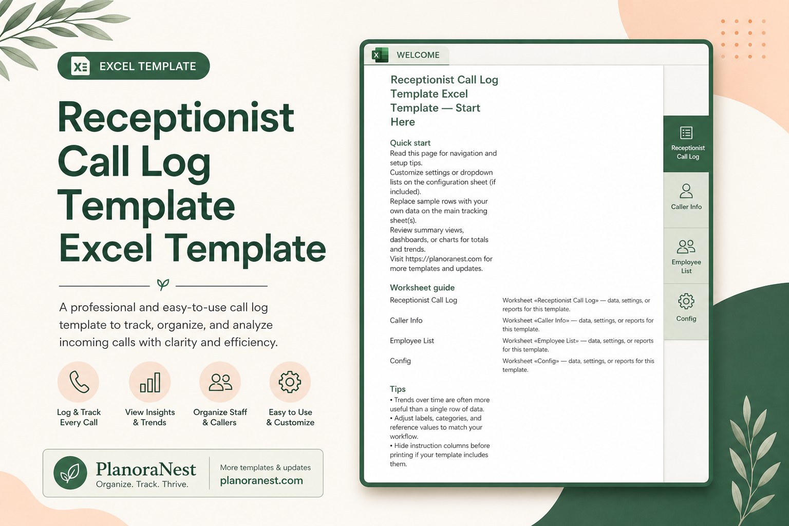 receptionist call log template excel template cover screenshot — PlanoraNest Excel template