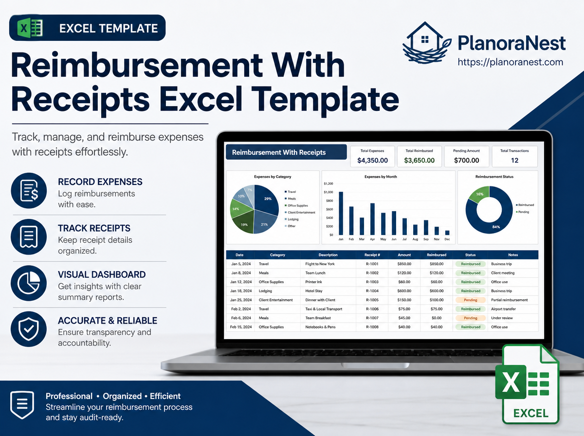 reimbursement with receipts excel template cover screenshot — PlanoraNest Excel template