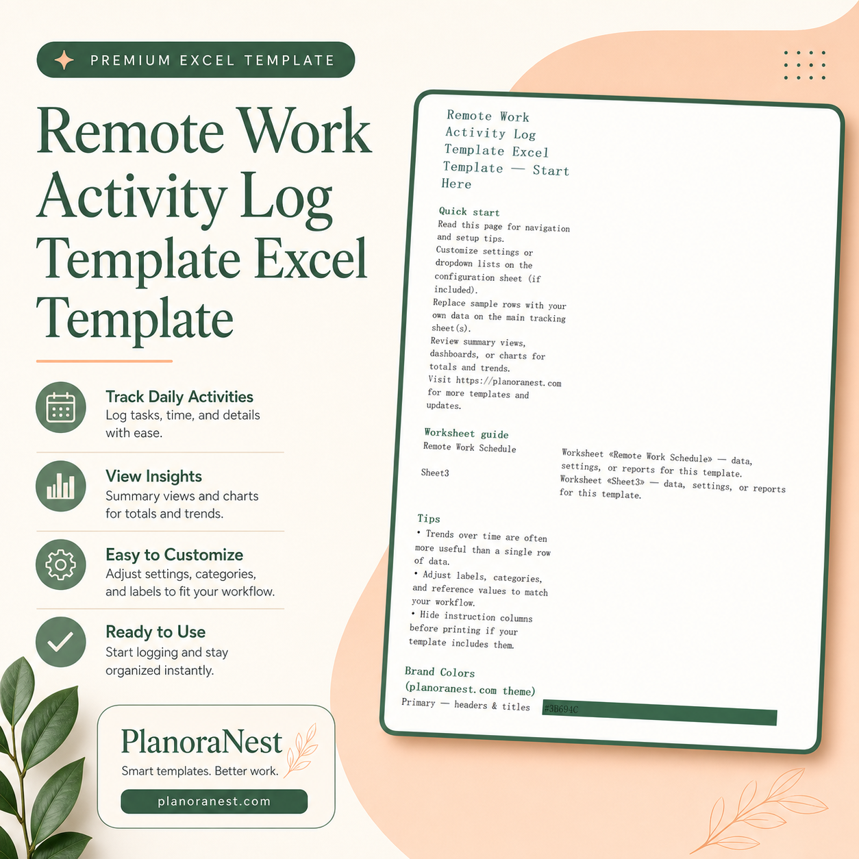 remote work activity log template excel template cover screenshot — PlanoraNest Excel template