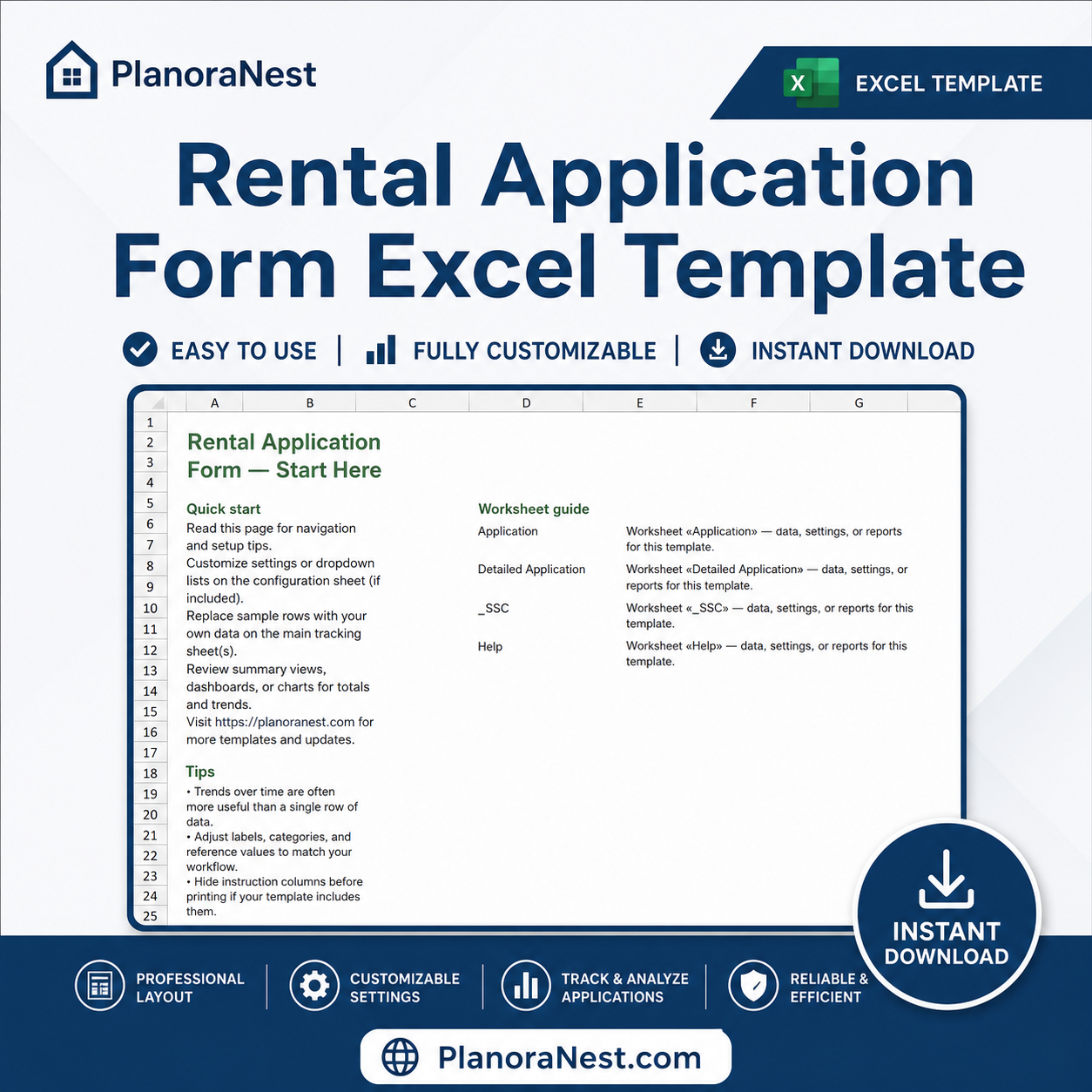 rental application form excel template cover screenshot — PlanoraNest Excel template