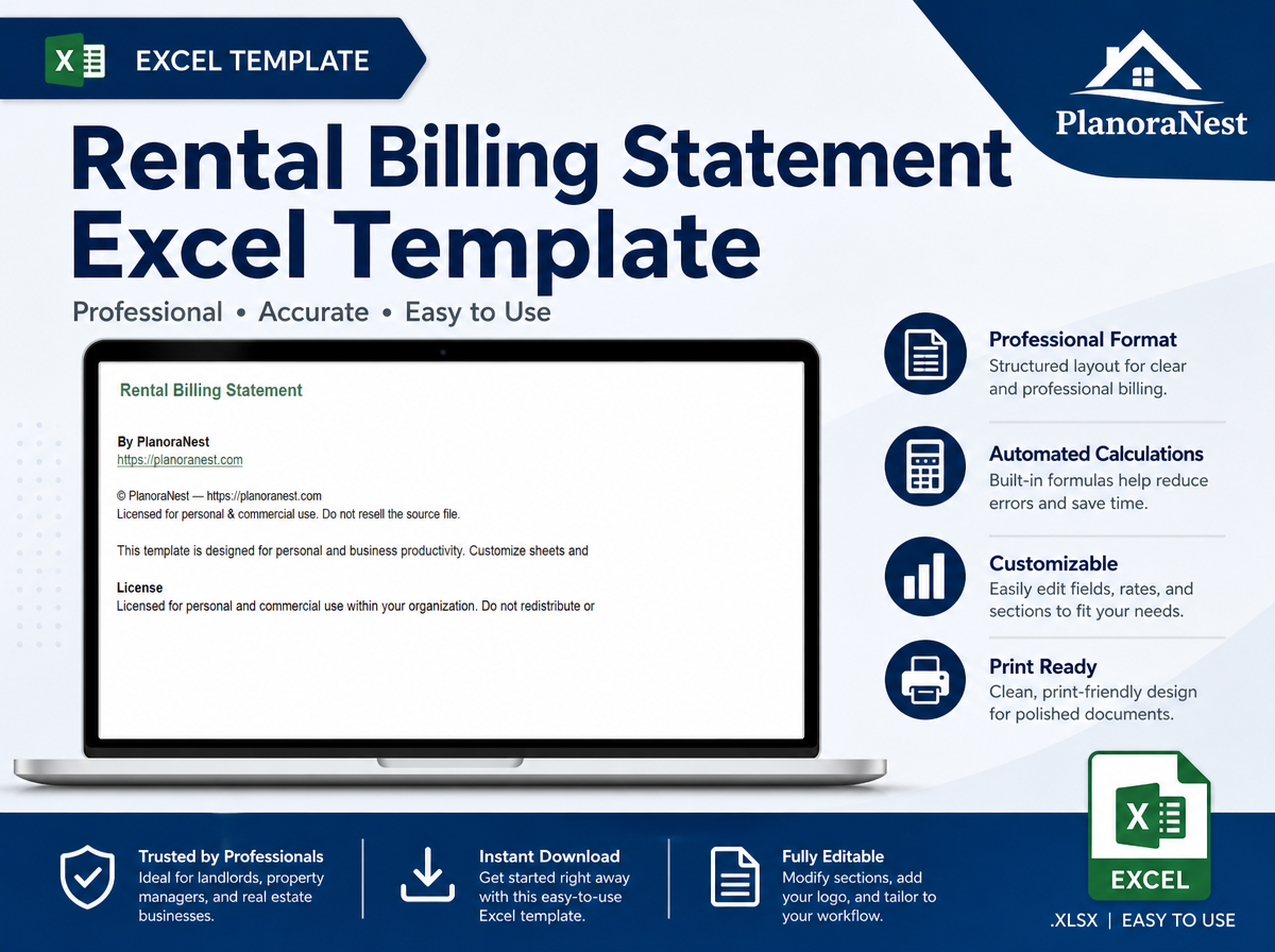 rental billing statement excel template cover screenshot — PlanoraNest Excel template