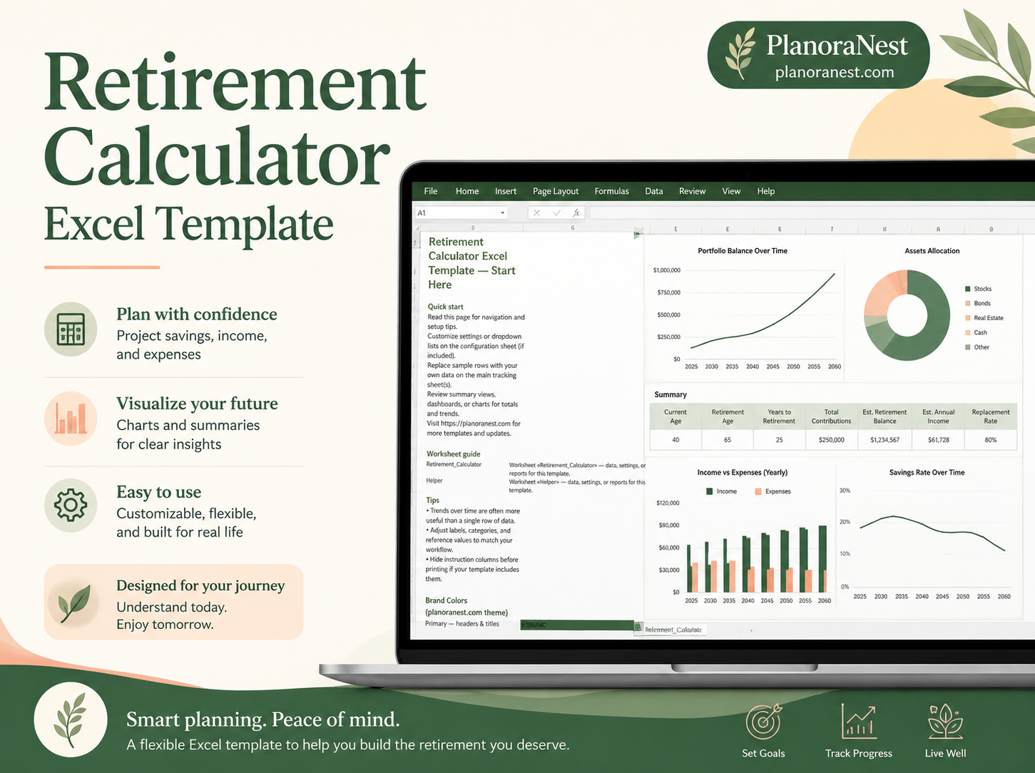 retirement calculator excel template cover screenshot — PlanoraNest Excel template