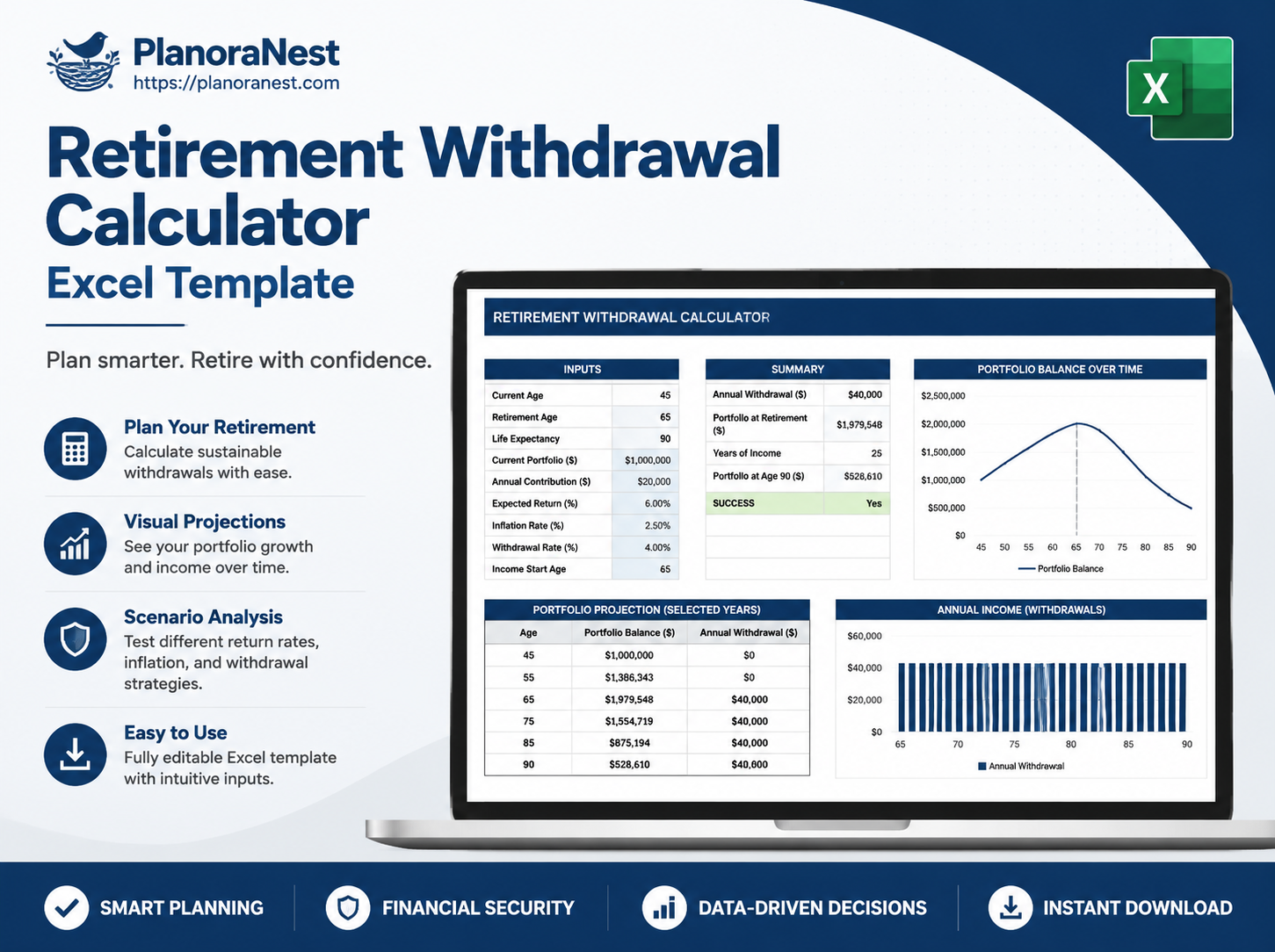 retirement withdrawal calculator excel template cover screenshot — PlanoraNest Excel template