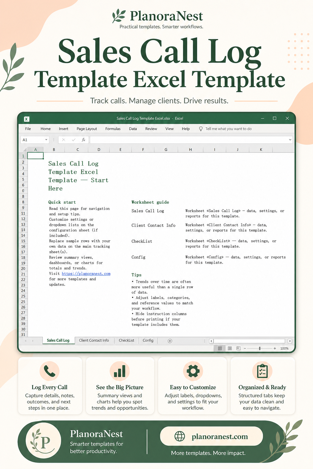 sales call log template excel template cover screenshot — PlanoraNest Excel template