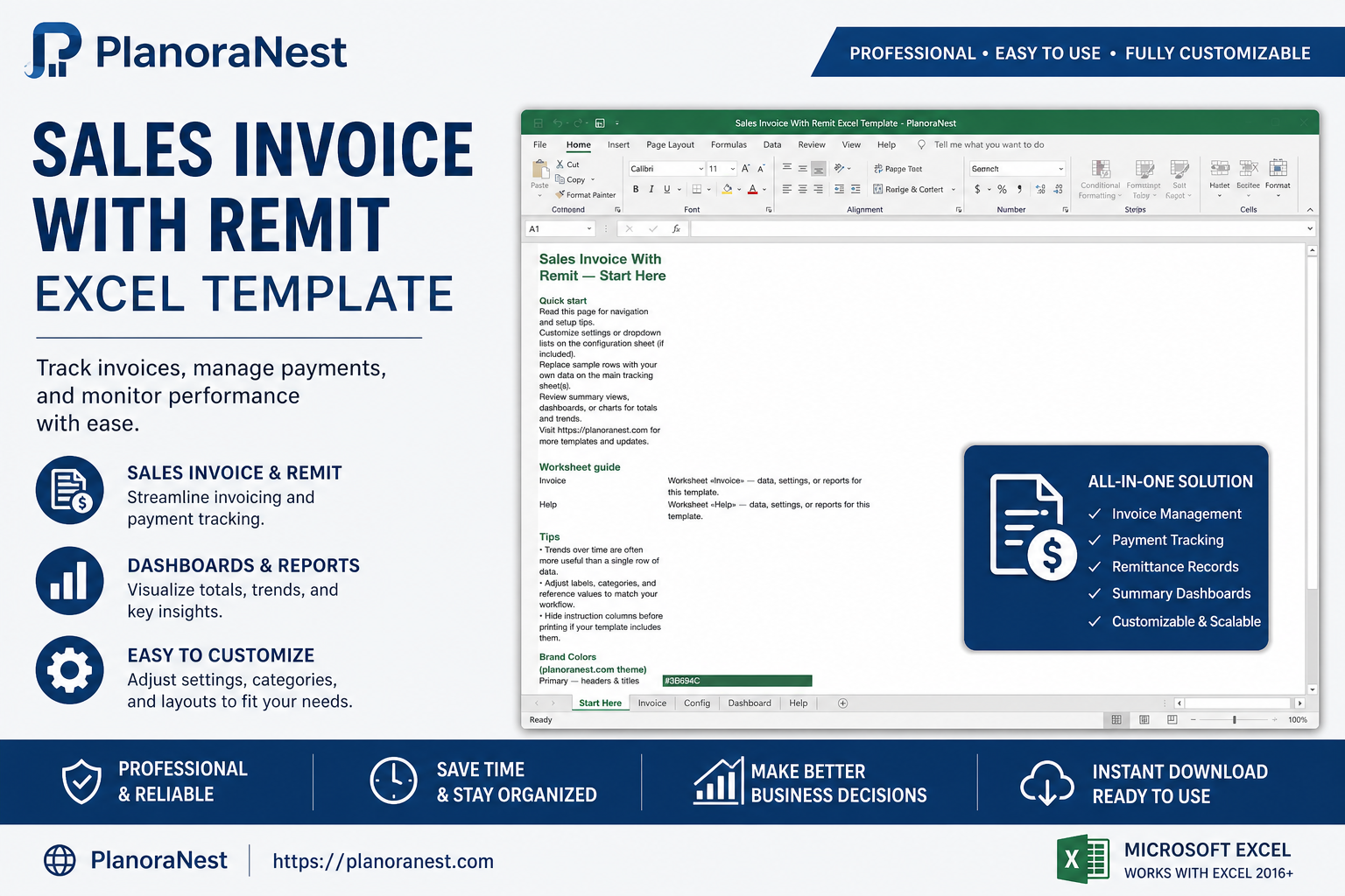 sales invoice with remit excel template cover screenshot — PlanoraNest Excel template