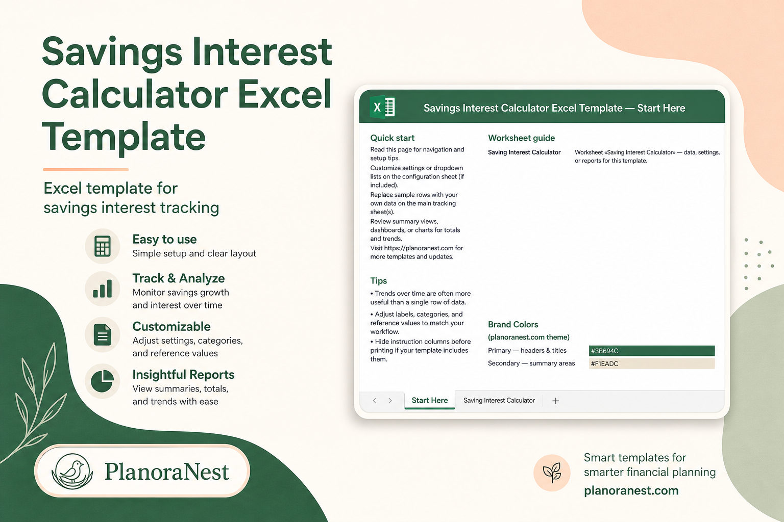 savings interest calculator excel template cover screenshot — PlanoraNest Excel template