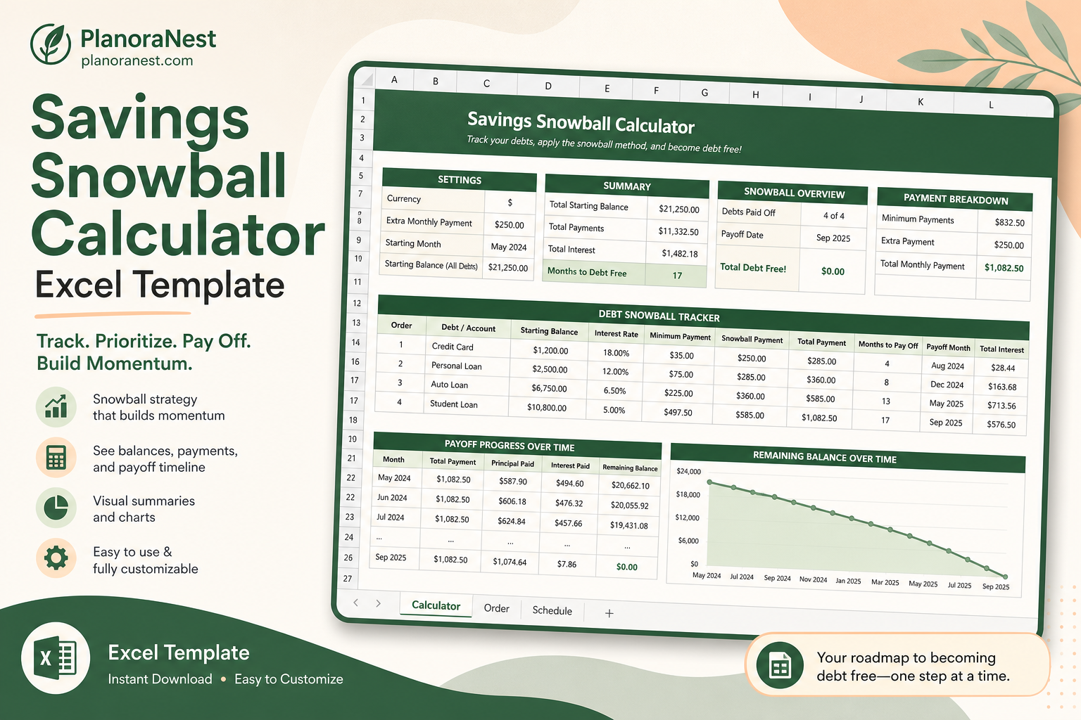 savings snowball calculator excel template cover screenshot — PlanoraNest Excel template