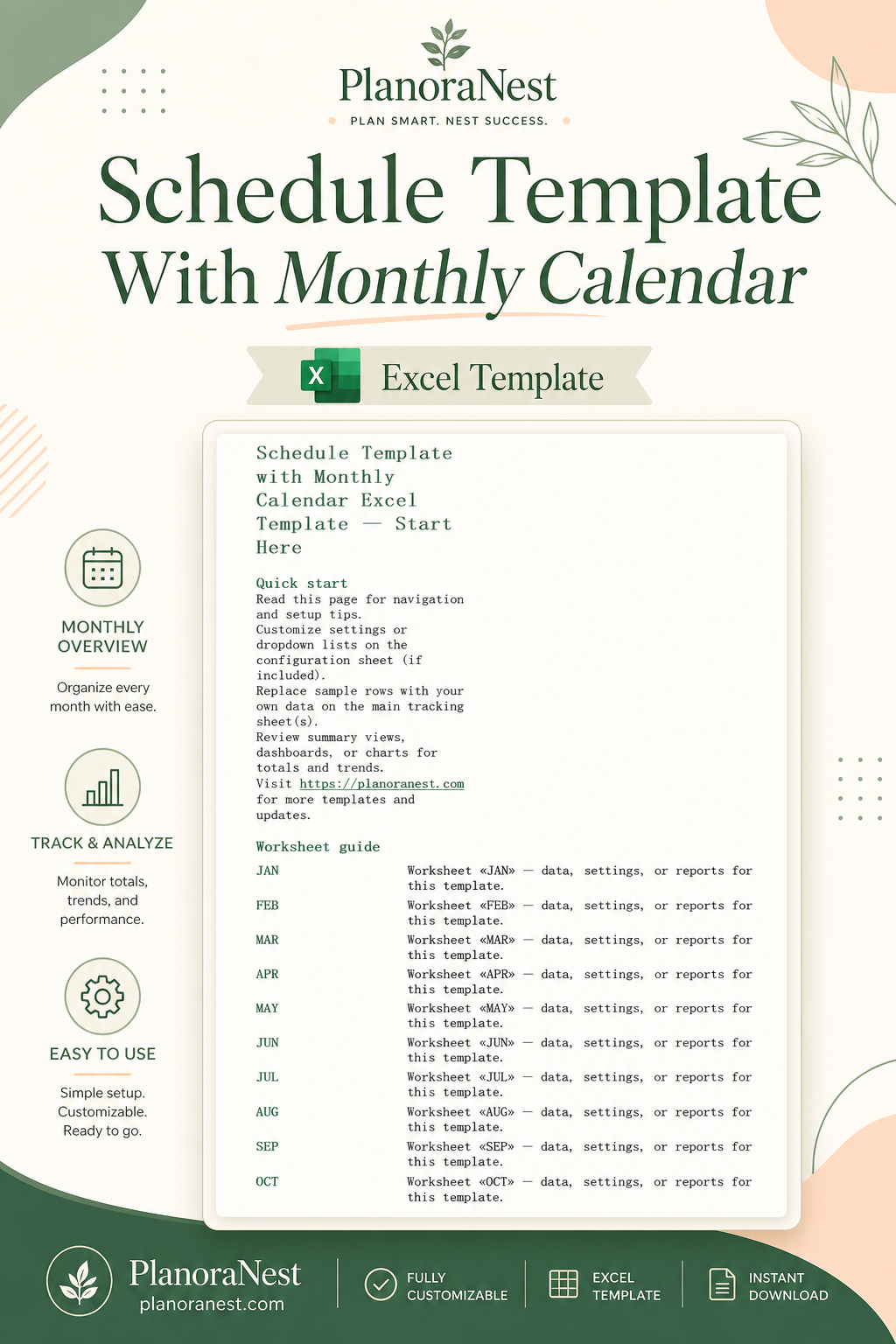 schedule template with monthly calendar excel template cover screenshot — PlanoraNest Excel template