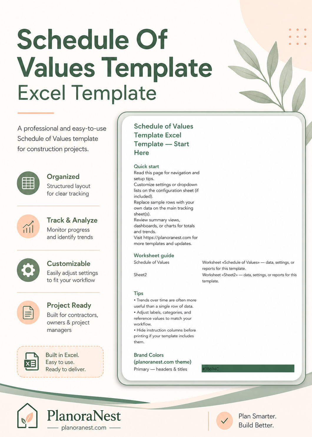 schedule of values template excel template cover screenshot — PlanoraNest Excel template