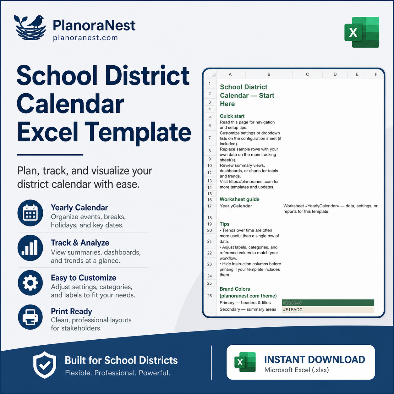 school district calendar excel template cover screenshot — PlanoraNest Excel template