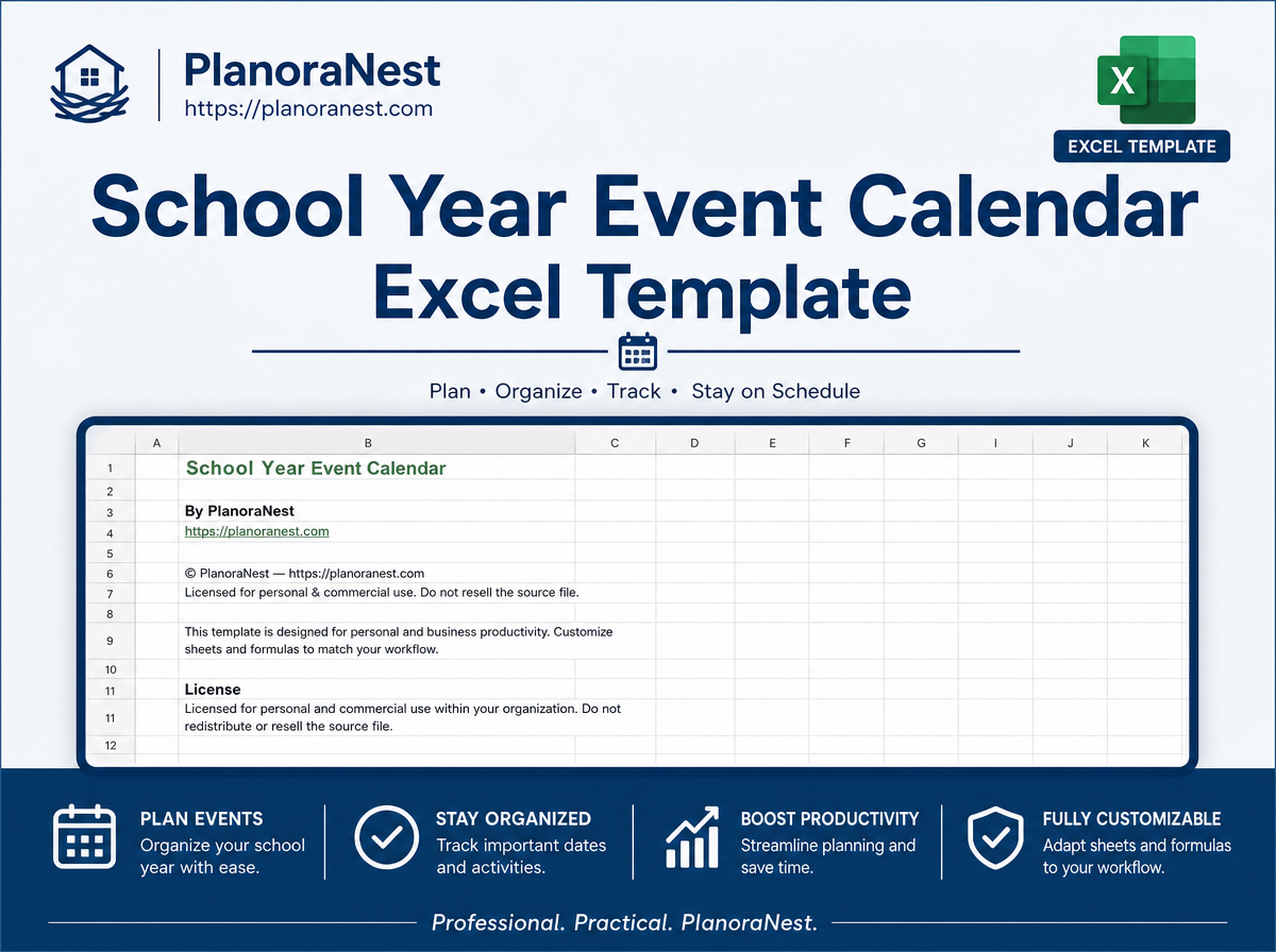 school year event calendar excel template cover screenshot — PlanoraNest Excel template