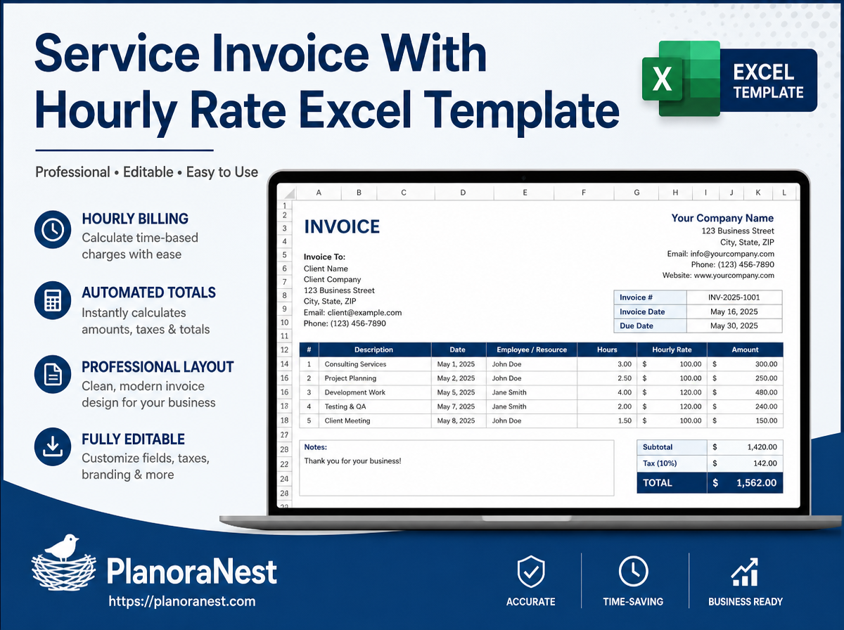 service invoice with hourly rate excel template cover screenshot — PlanoraNest Excel template