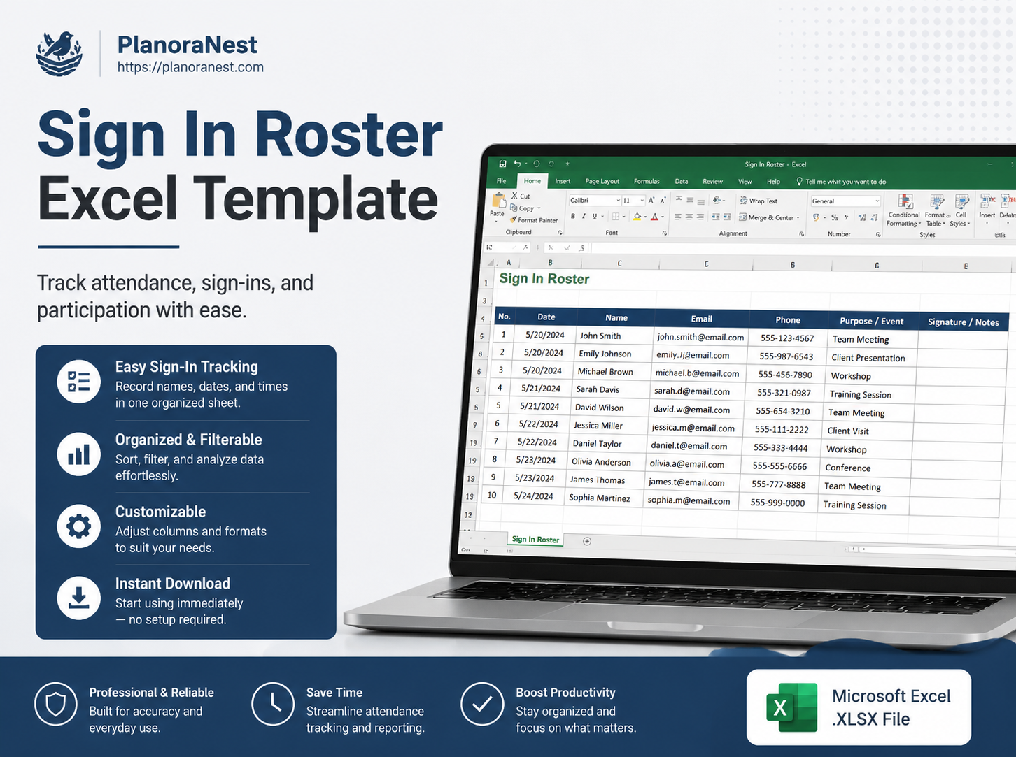 sign in roster excel template cover screenshot — PlanoraNest Excel template