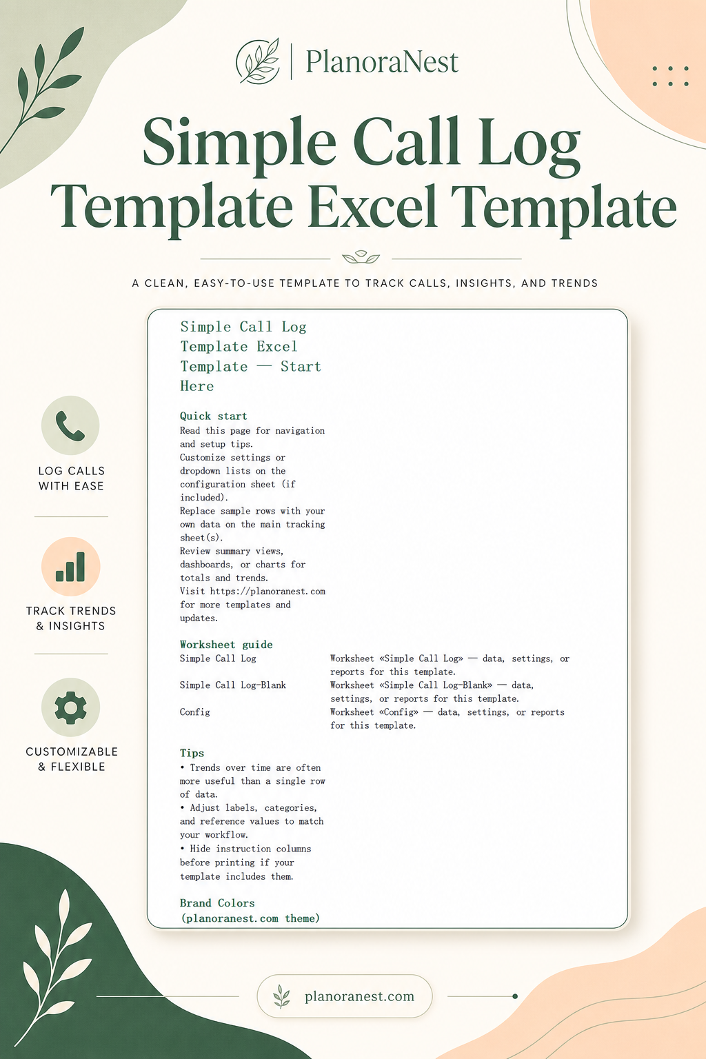 simple call log template excel template cover screenshot — PlanoraNest Excel template