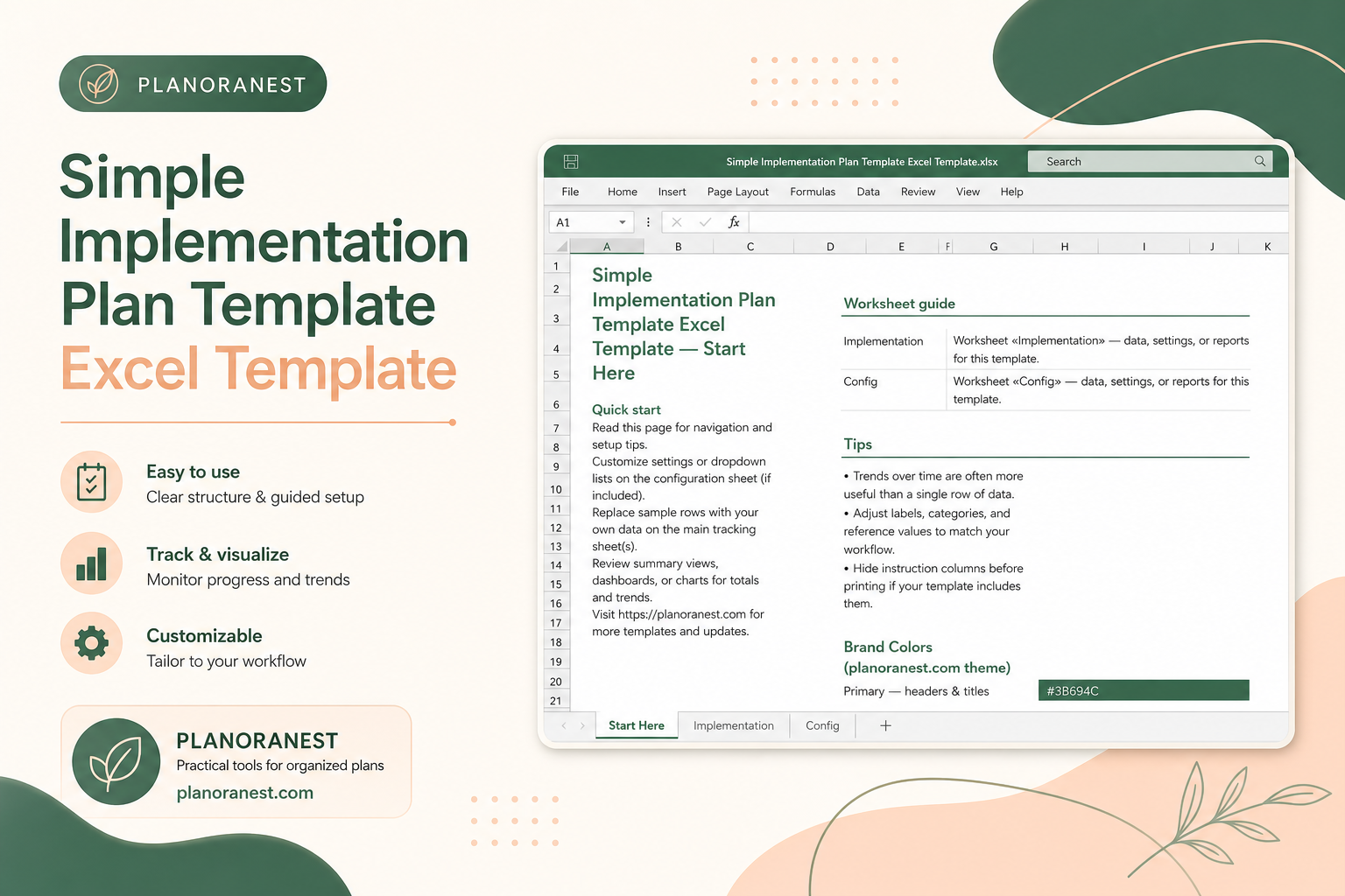 simple implementation plan template excel template cover screenshot — PlanoraNest Excel template