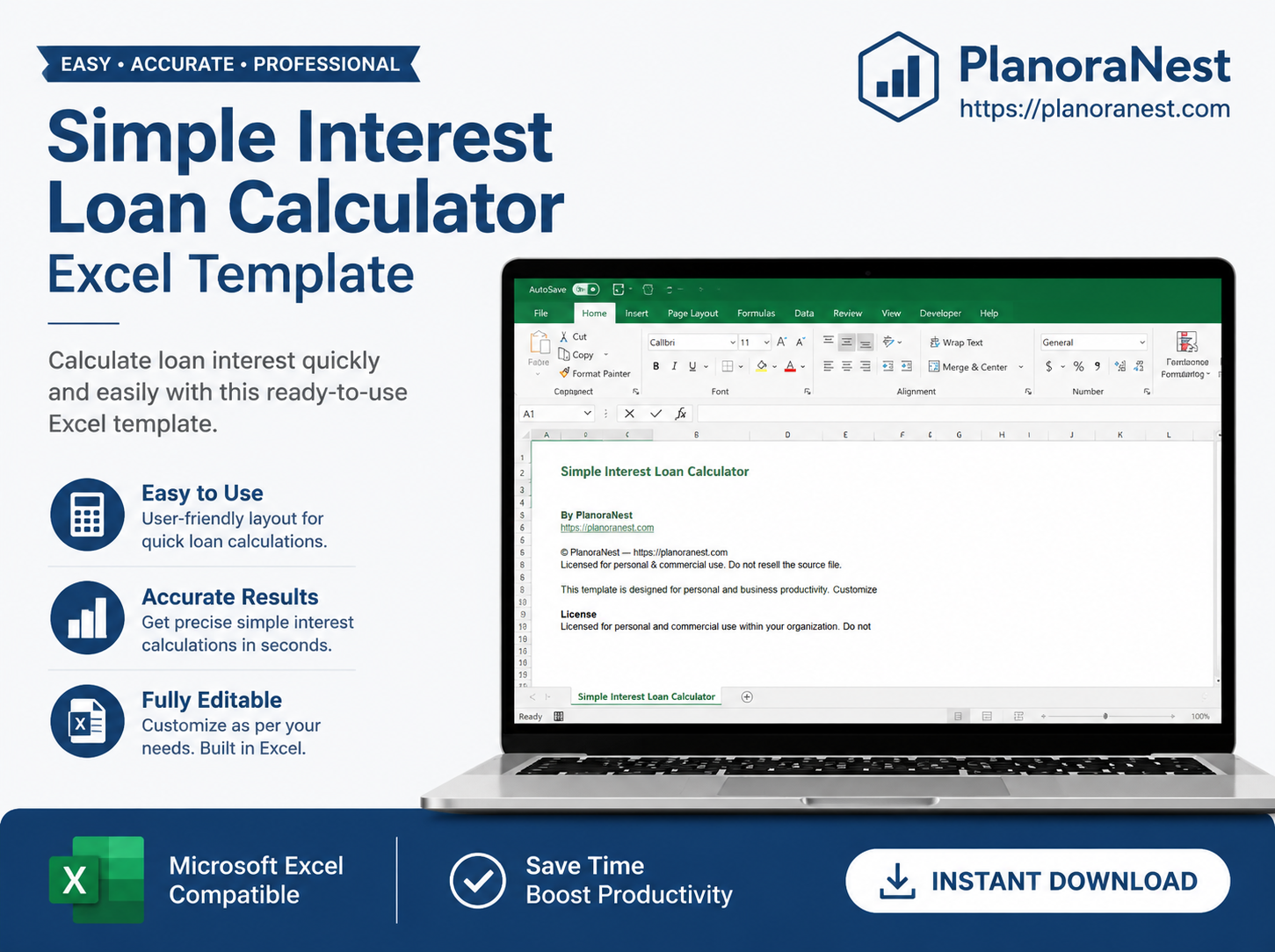 simple interest loan calculator excel template cover screenshot — PlanoraNest Excel template
