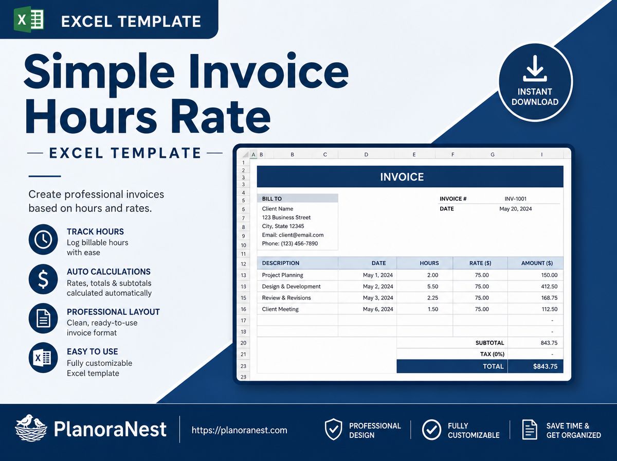 simple invoice hours rate excel template cover screenshot — PlanoraNest Excel template