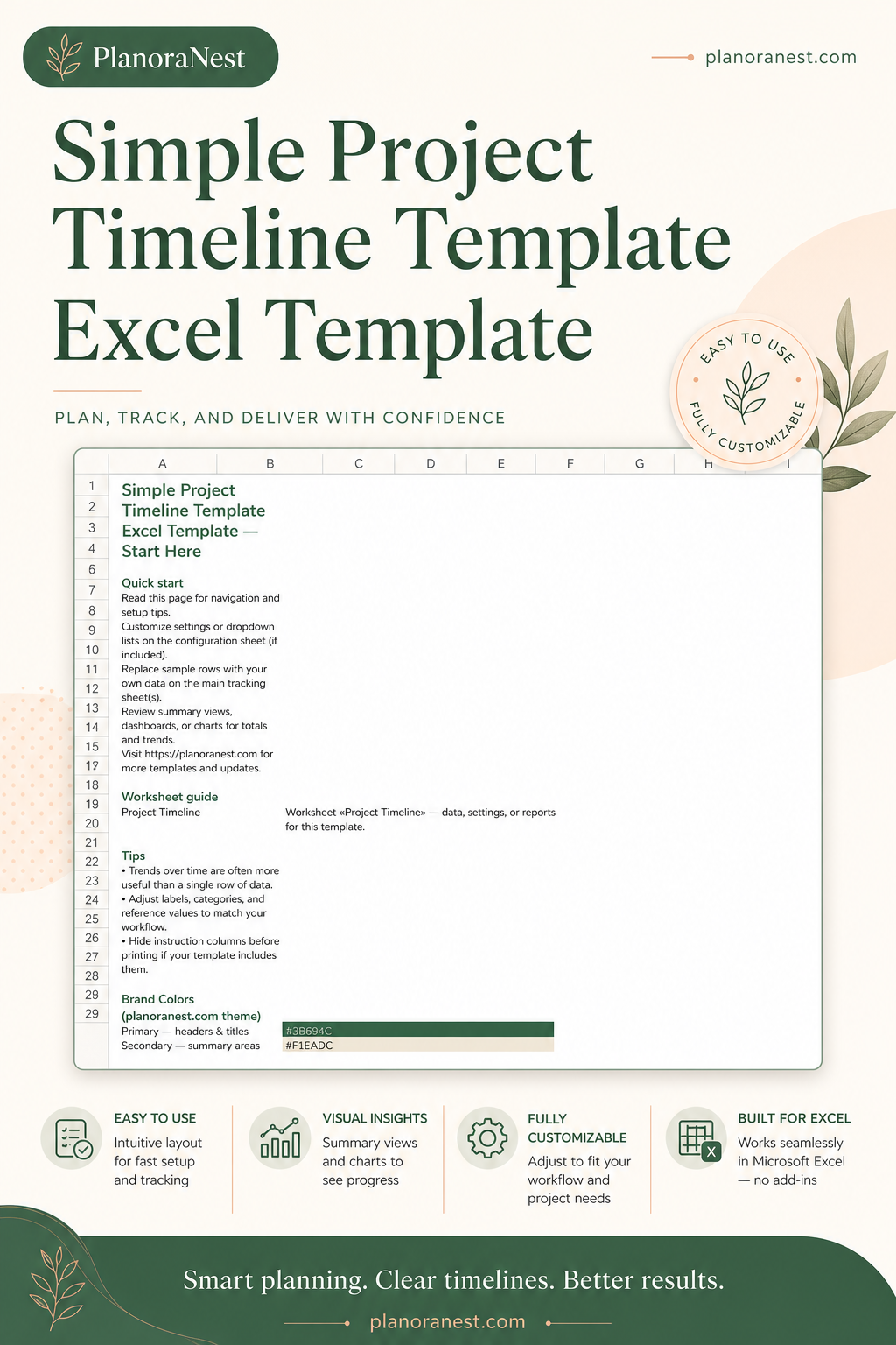 simple project timeline template excel template cover screenshot — PlanoraNest Excel template