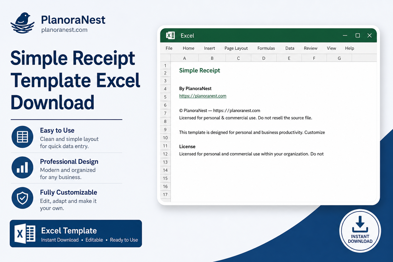 simple receipt template excel download cover screenshot — PlanoraNest Excel template