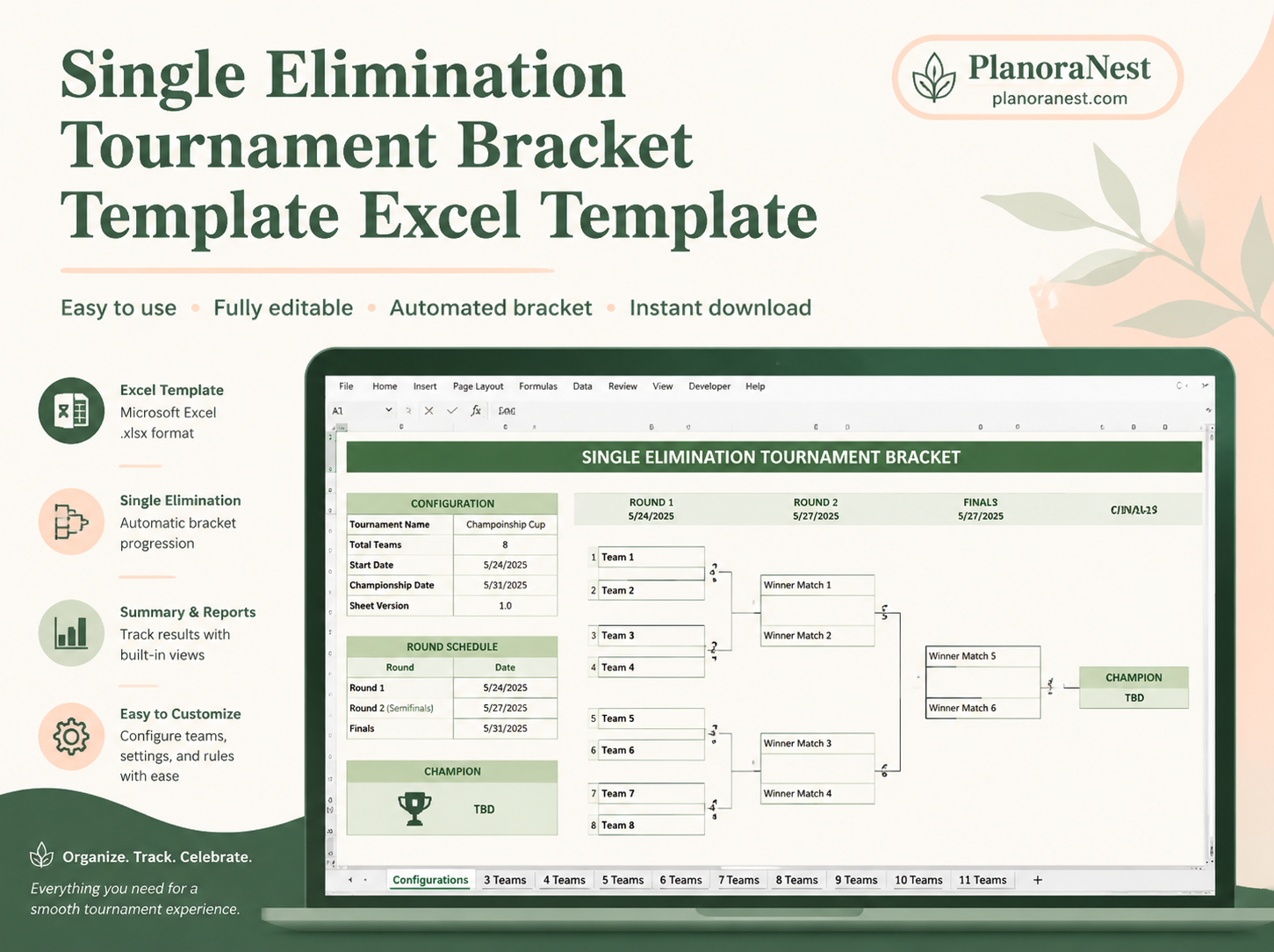 single elimination tournament bracket template excel template cover screenshot — PlanoraNest Excel template