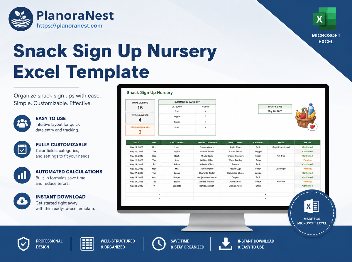 snack sign up nursery excel template cover screenshot — PlanoraNest Excel template