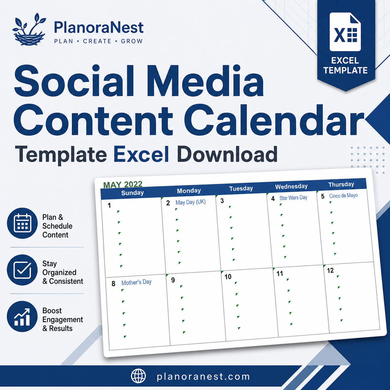 social media content calendar template excel download cover screenshot — PlanoraNest Excel template