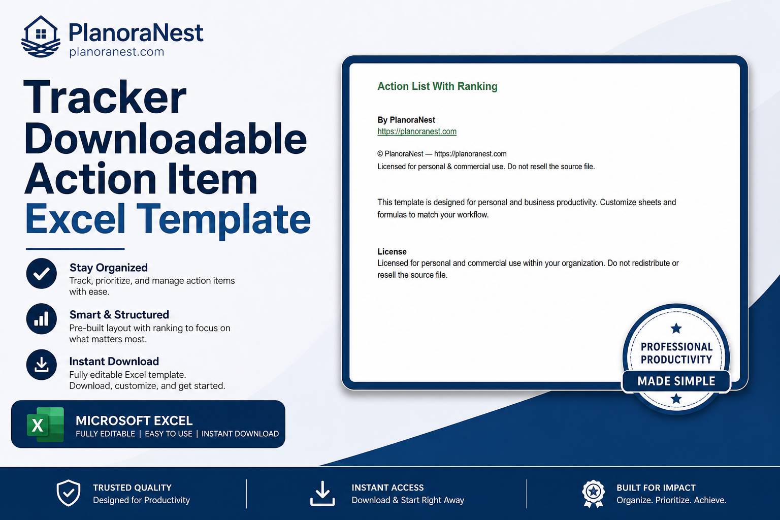 tracker downloadable action item excel template cover screenshot — PlanoraNest Excel template