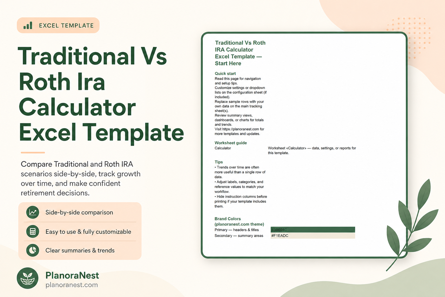 traditional vs roth ira calculator excel template cover screenshot — PlanoraNest Excel template