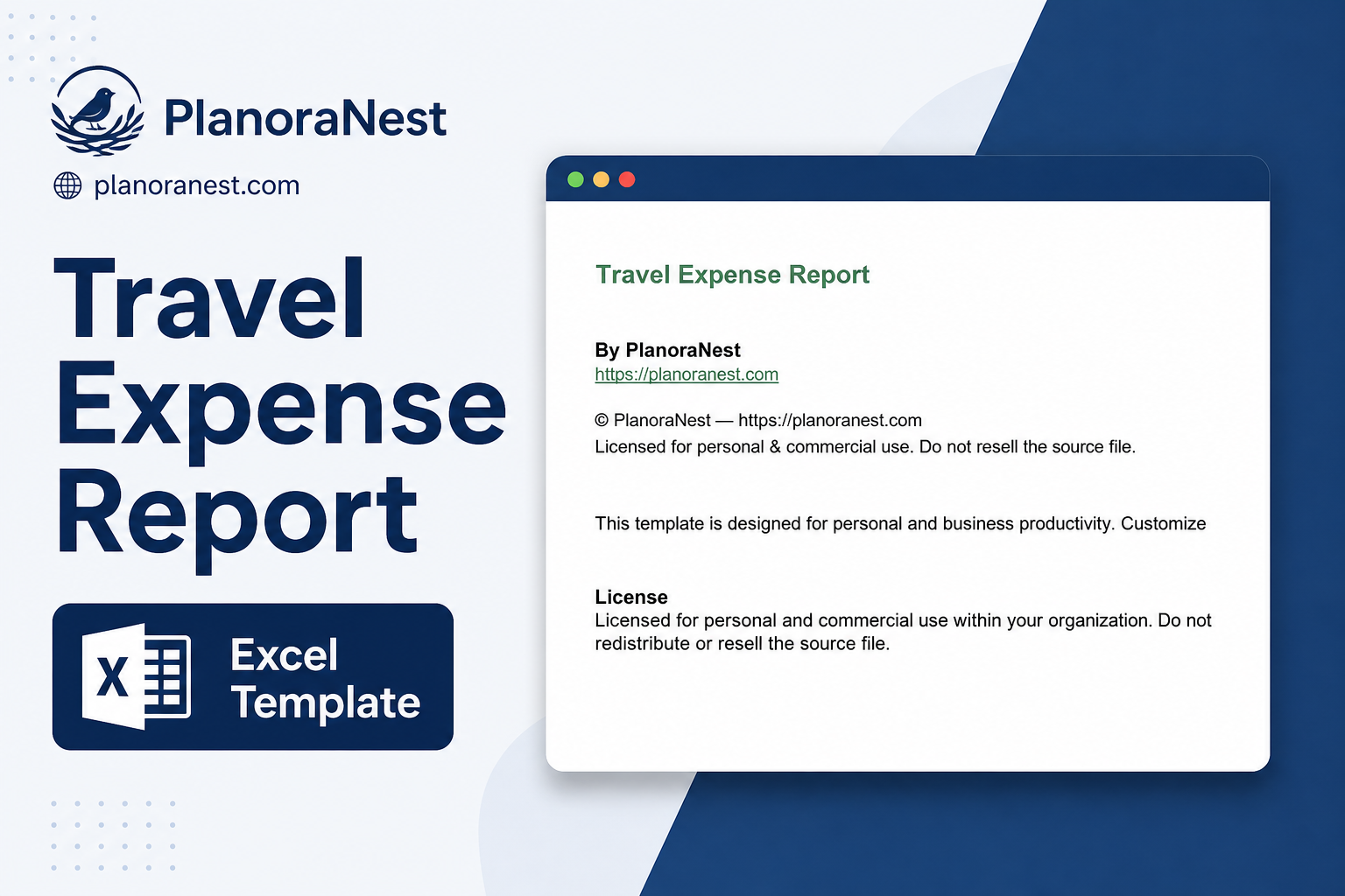 travel expense report excel template cover screenshot — PlanoraNest Excel template