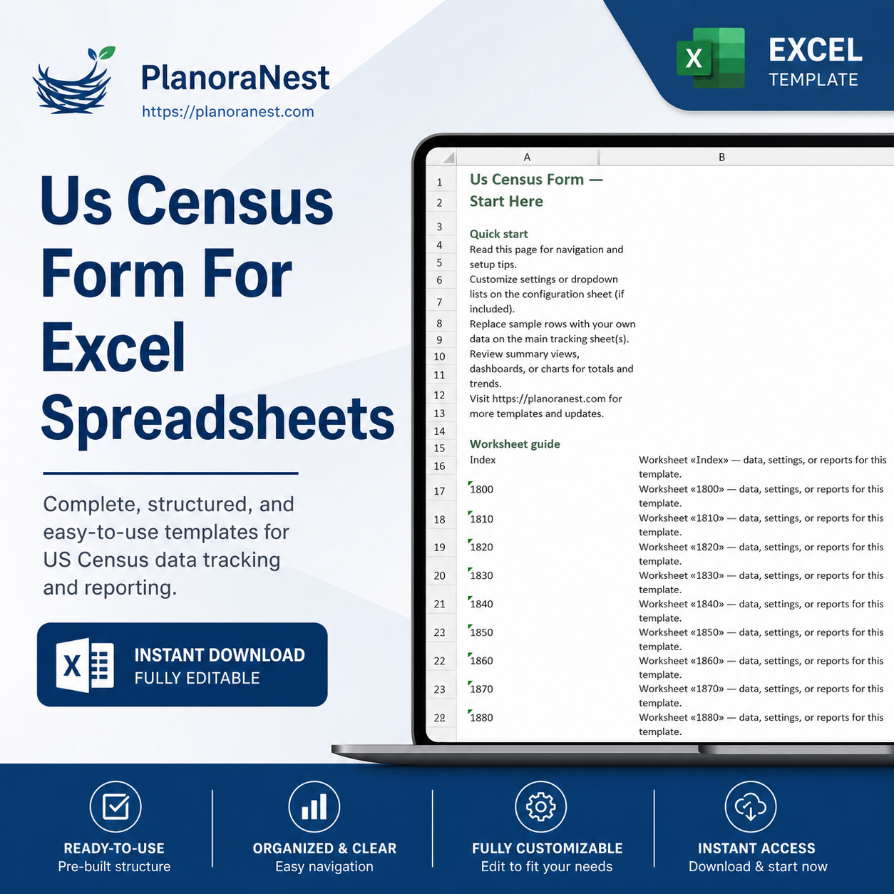 us census form for excel spreadsheets cover screenshot — PlanoraNest Excel template