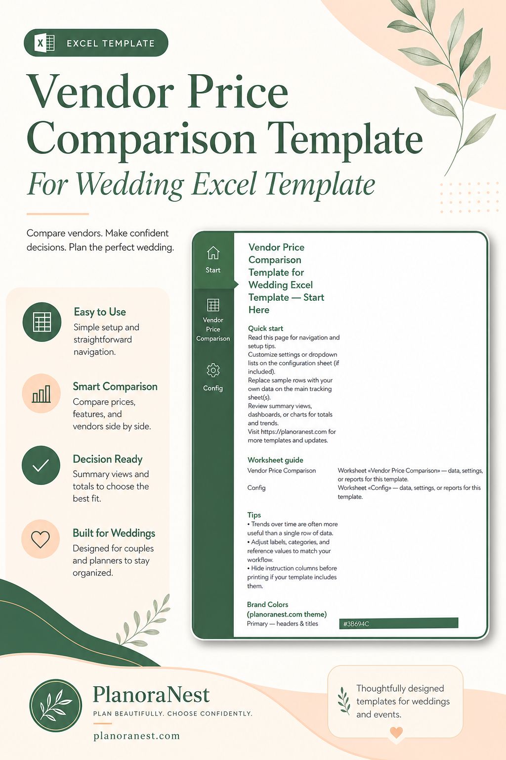 vendor price comparison template for wedding excel template cover screenshot — PlanoraNest Excel template
